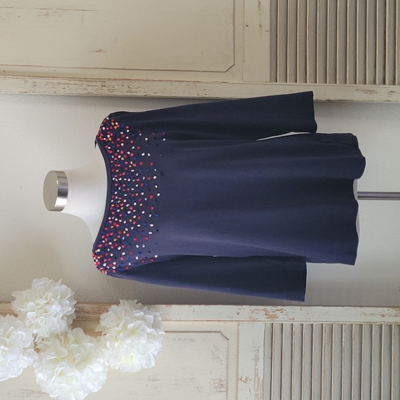 Talbots Tops - Talbots 3/4 sleeves multicolor embellish mini pom pom top women's size large